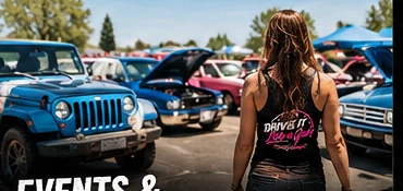 Car show with Jeeps and other vehicles